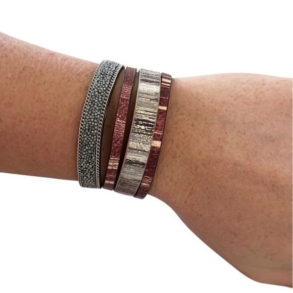 Multi Strand Red & Grey Leather Bracelet - Picture 3 of 3